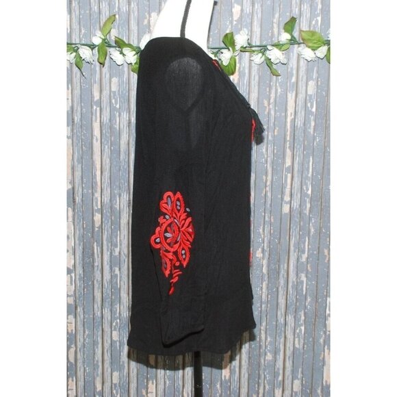 Weekend Suzanne Betro Ladies Tunic Top Blouse Size L Black Red Embroidered - Picture 7 of 11